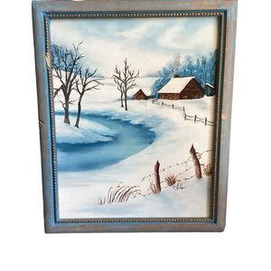 Vintage Painting Log Cabin In Snow Framed Signed 9” X 11”